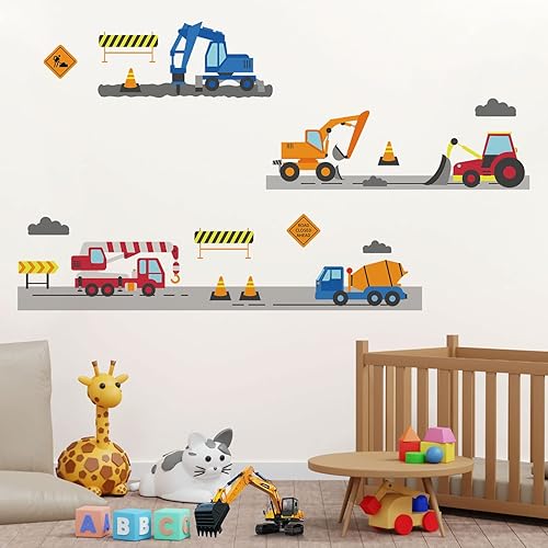 Calcomanías de pared de vehículos de construcción para niños, calcomanías de pared para vehículos de ingeniería, carretilla elevadora, excavadora,