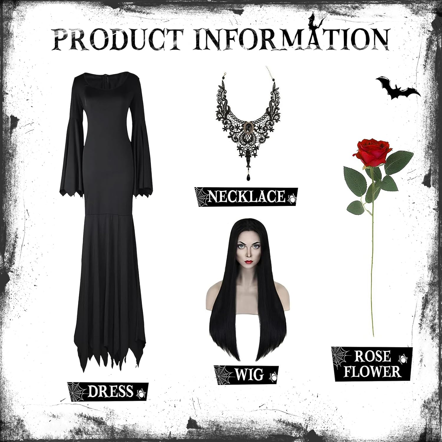 Halloween Morticia Addams Costumes Vintage Gothic Black Long Dress Outfit Women Wig Red Roses Flowers Necklace - Image 4