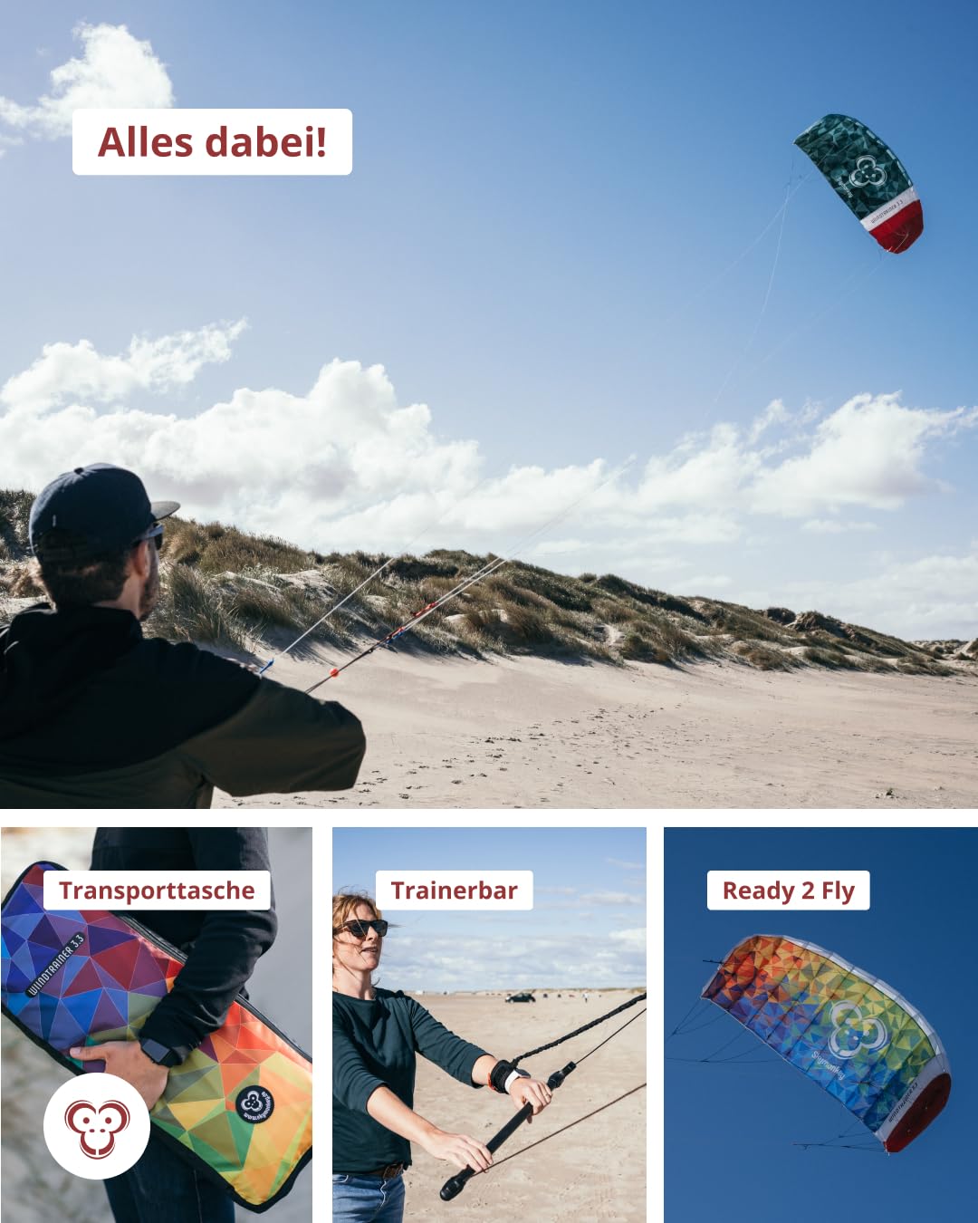 Skymonkey Windtrainer, Trainer-Kite / 4-Leiner Lenkmatte inkl. Trainerbar, Ready 2 Fly, mit 230 cm oder 330 cm Spannweite