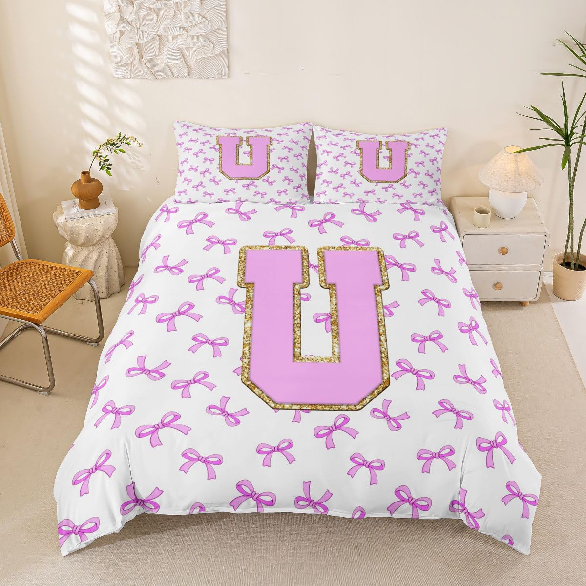 Housse de couette 220x240cm violette nœud papillon et lettre U personnalisée avec taies d'oreiller