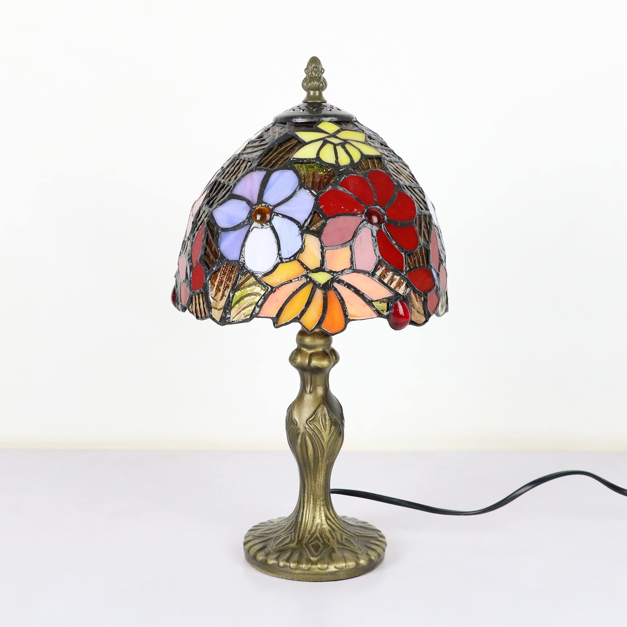 Tiffany Tischlampe, Glasmalerei Vintage Klein Tischlampe, E14 Rote Blume Kinderzimmer Deco Nachtlicht, Jugenstil Dellemade Tischlampe Schlafzimmer/Wohnzimmer [Ohne Glühbirnen]