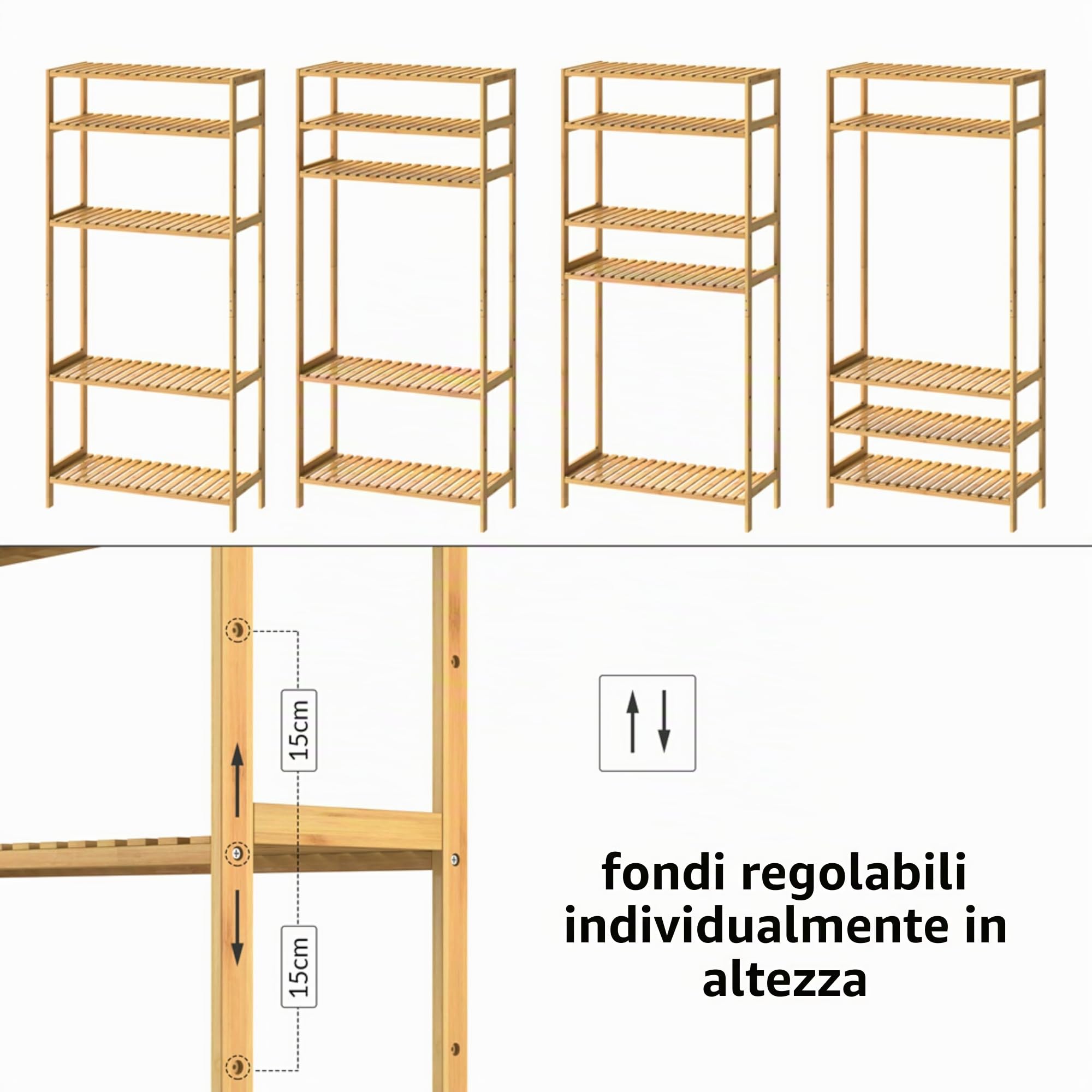 Casaria Scaffale Bagno Bamboo 5 Ripiani Altezza Regolabile 130x60x26 cm Mobile Cucina Libreria in Legno Organizer Studio