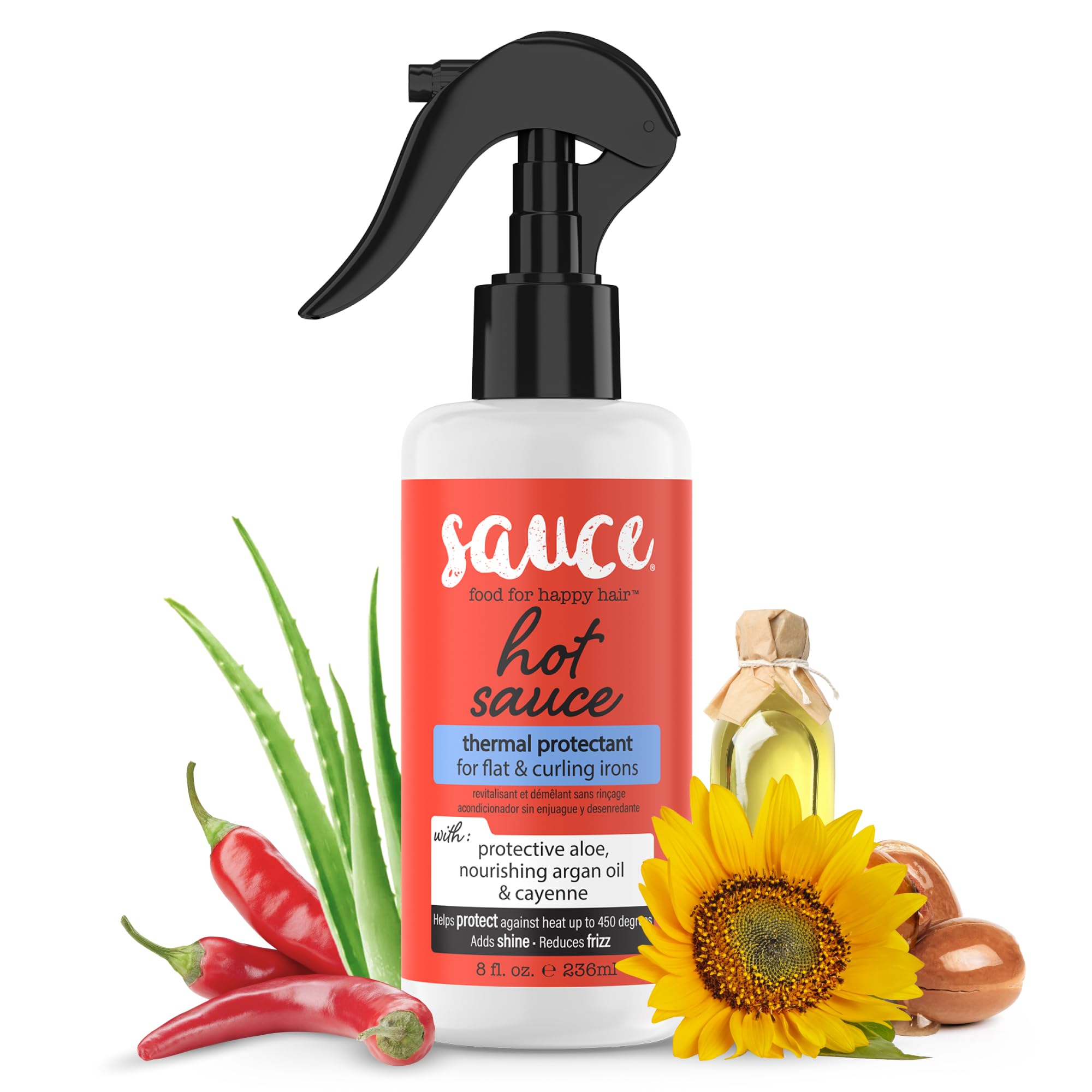 SAUCE BEAUTY Hair Heat Protectant Spray (8 Fl Oz) Hot Sauce Thermal Protectant Spray with Argan Oil, Aloe & Cayenne, Anti Frizz & Adds Shine, Blow Dry