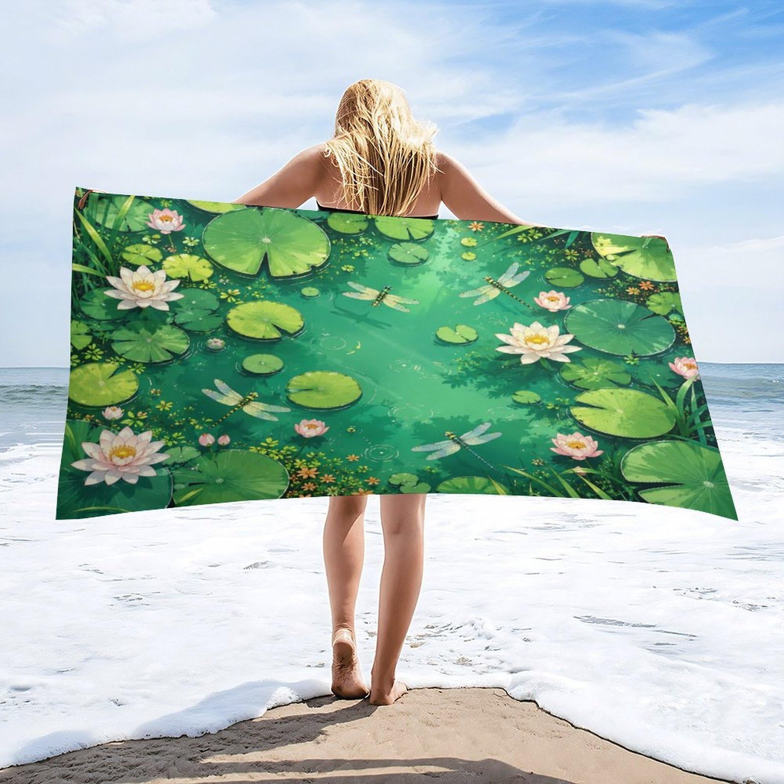Anceky Lily Pad Pond Dragonfly Beach Towel 32"×63",Soft Microfiber Bath Towel Shawl, Quick Dry Absorbent Pool Spa Gym Shower Towel