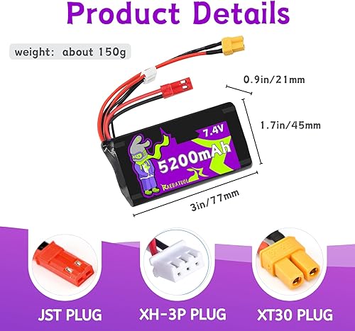 Miniatura 3 de TX16S Battey 5200mAh 7.4V batería de iones de litio con enchufe JST y enchufe XT30, iones de litio recargable para transmisor RC4GS, RC6GS con 1