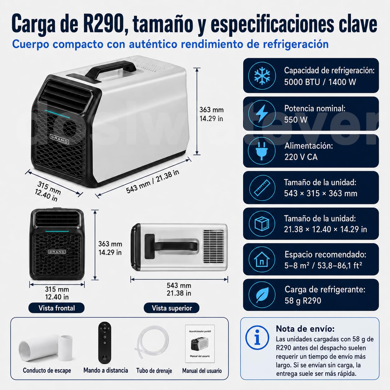 Nuevo aire acondicionado portátil 5000 BTU, 220-240V para casa y caravana, con filtro lavable, modo deshumidificación, temporizador y modo sueño, ideal para habitaciones, oficina o van Silver-220V