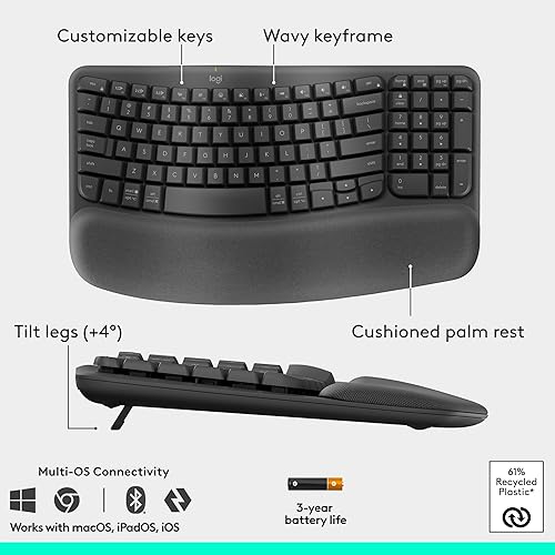 Miniatura 6 de Logitech Wave Keys & Lift - Combo ergonómico de teclado y mouse inalámbricos, con reposamanos acolchado, fácil de cambiar, Bluetooth, para sistema