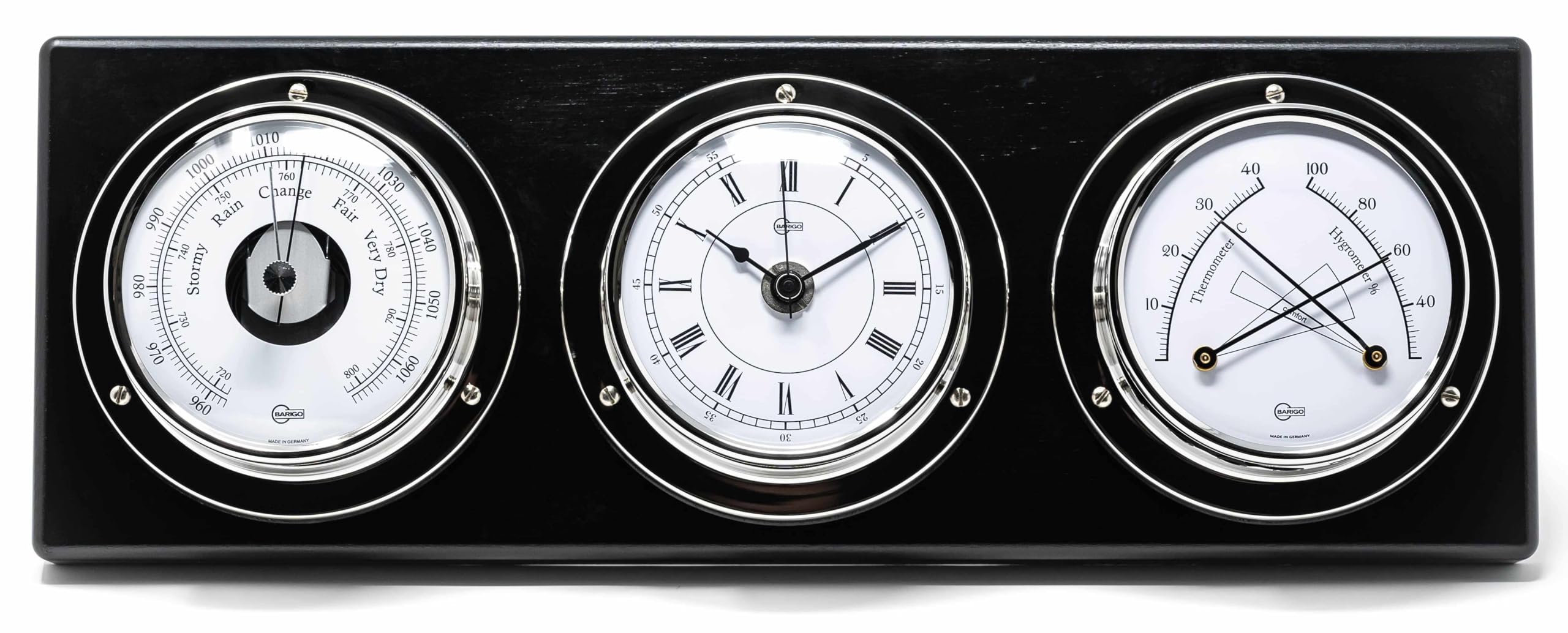 BARIGO 386RFPO Tempo, stacja pogodowa z zegarem kwarcowym, barometrem, higrometrem, obudową z prawdziwego drewna, Made in Germany