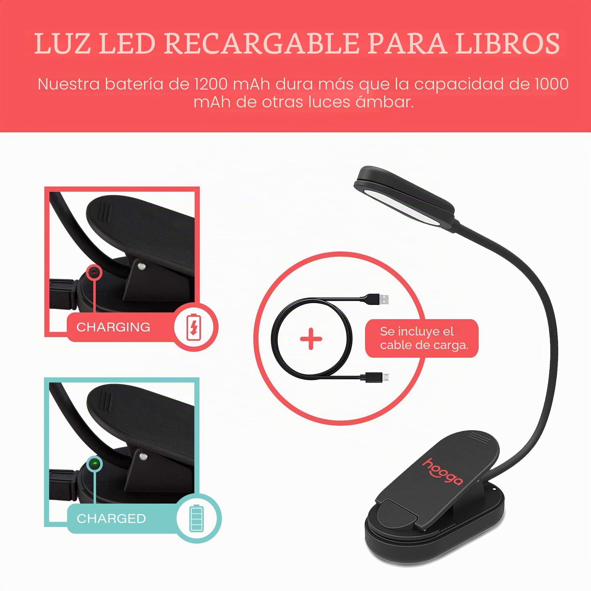 hooga Luz de libro ámbar, recargable con clip de bloqueo de luz azul, luz de lectura LED, 1600 K, cuidado de los ojos cálido para cama, estudiantes, niños, viajes, enfermería, estudio