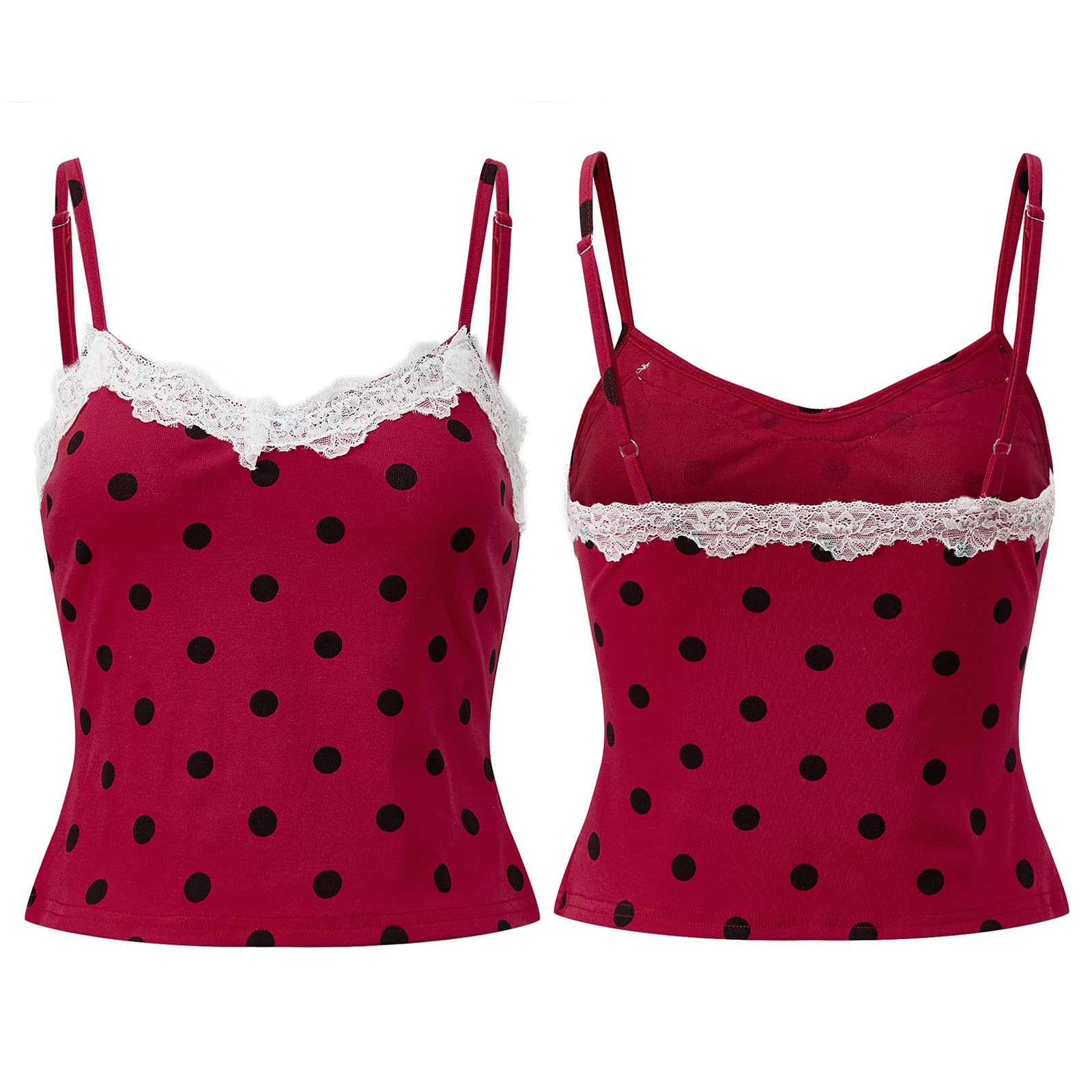 Sexy Outfit Top de Tirantes Y2K con Encaje de Lunares, Cuello en V, Correa de Espagueti, Ajustado, sin Mangas, para Verano, Casual, para Salir