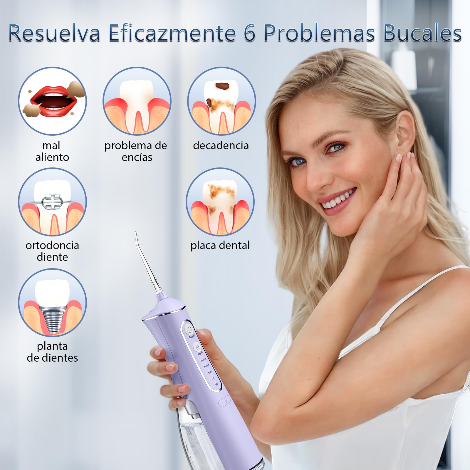 OasiSmile Irrigador Dental, 300ML Irrigador Bucal Profesional con Tecnología DIY Autoajustable, 5 Boquillas y 4 Modos, Para Ortodoncia y Encías Sensibles, Inalámbrico IPX7 para Viaje Hogar, Morado
