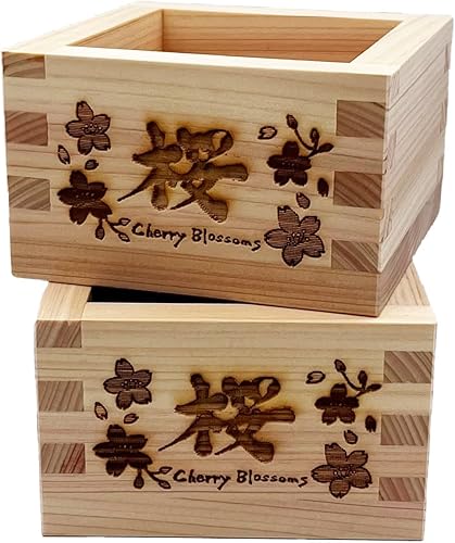Miniatura 6 de TOKYO ART Juego de 2 tazas de sake masu de madera japonesa con obras de arte de la suerte japonesas, cajas de sake cuadradas, hechas de madera de