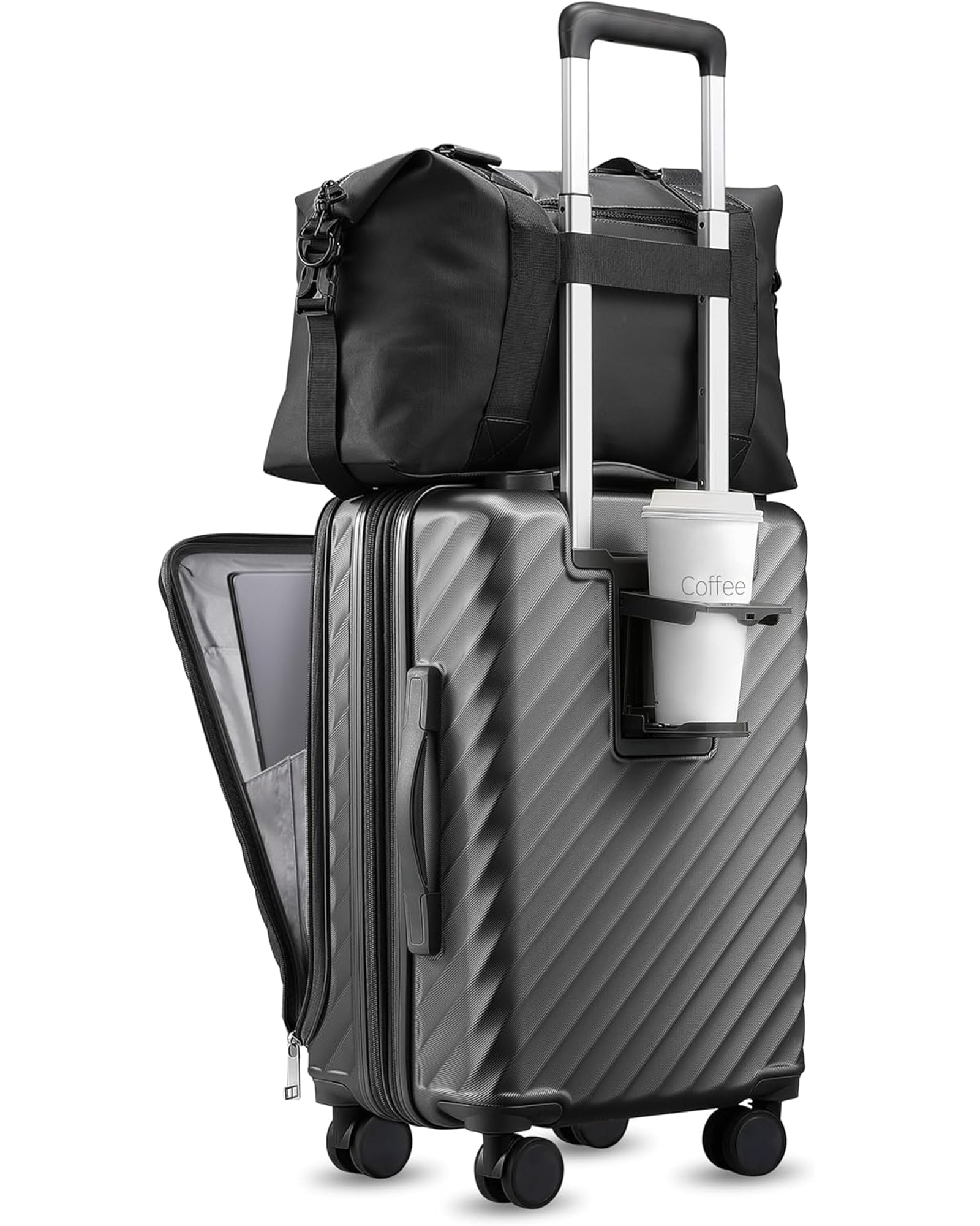 LUGGEX Carry On Luggage Set 2 Piece, Expandable PC Hard Shell Suitcase with Laptop Compartment and Cup Holder, Gunmetal, 2-Piece Set (20/Tote）, Luggex Luggage