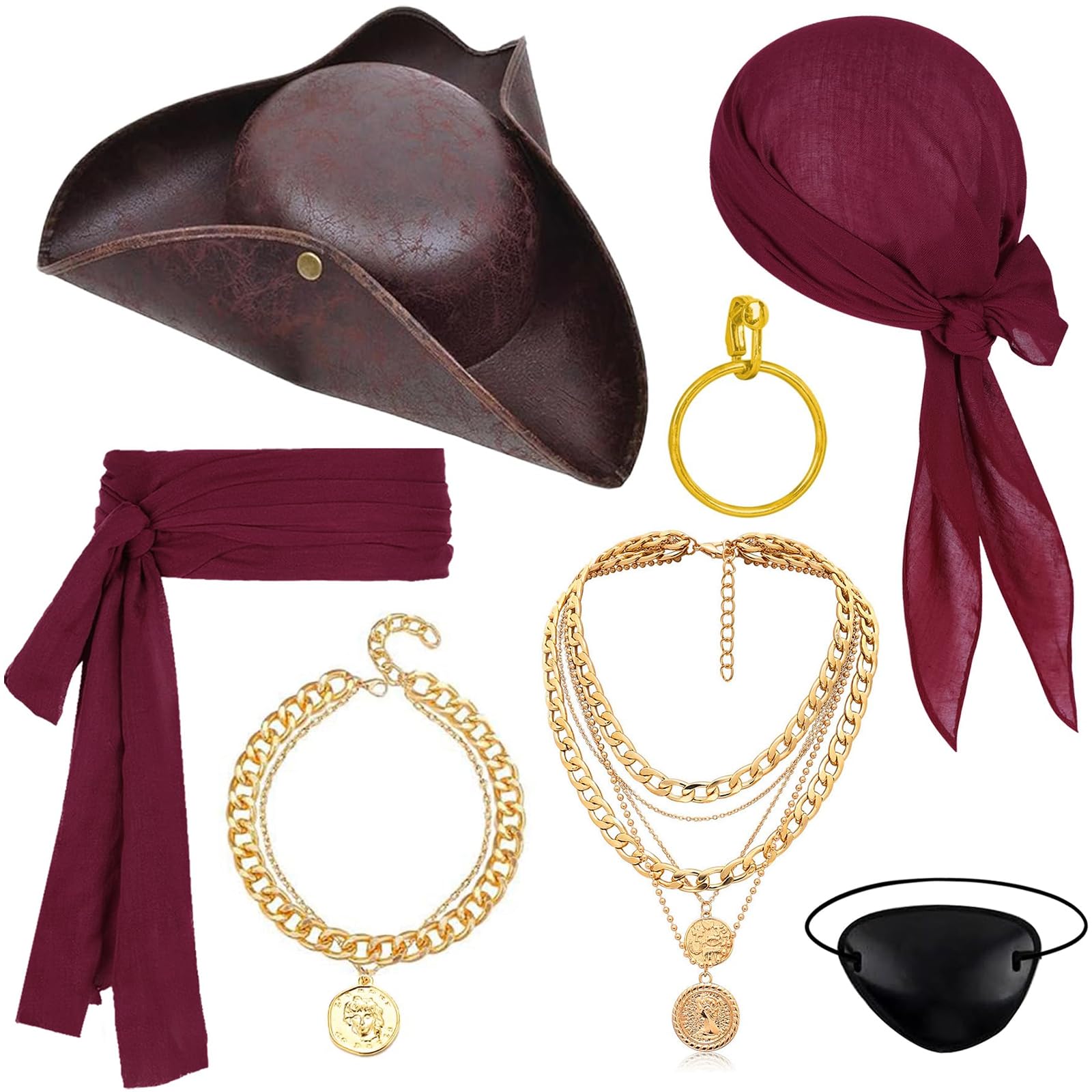 iSharely 7Pcs Pirate Costume Accessories Set for Women Men(Burgundy)