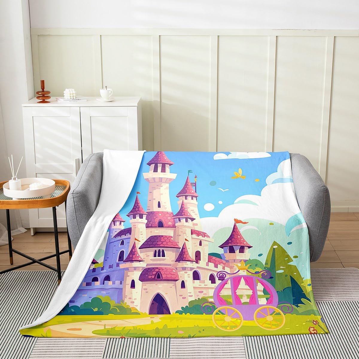 Princess Bed Blanket,Dreamy Castle Nature Garden Spring Floral Flannel Blanket for Room Decor,Fairy Tale Theme Girly Fleece Blanket for Kids Adults,Super Soft,Twin 60"x80"