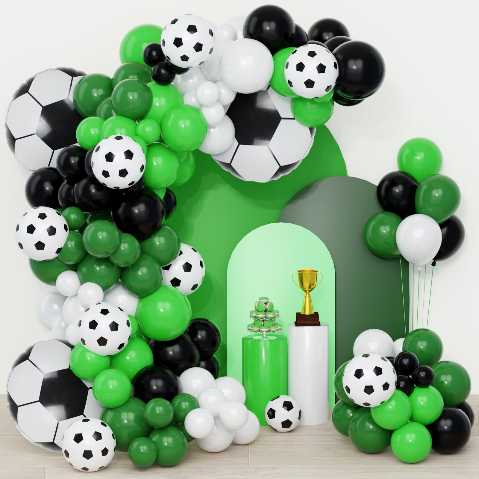 QIFU Football Balloon Arch Kit 108pcs Green Black And White Balloons Latex Vintage Dark Green, Football Foil Balloons Birthday Decorations For Boys Men World Cup Decorations Sport Game Soccer Theme