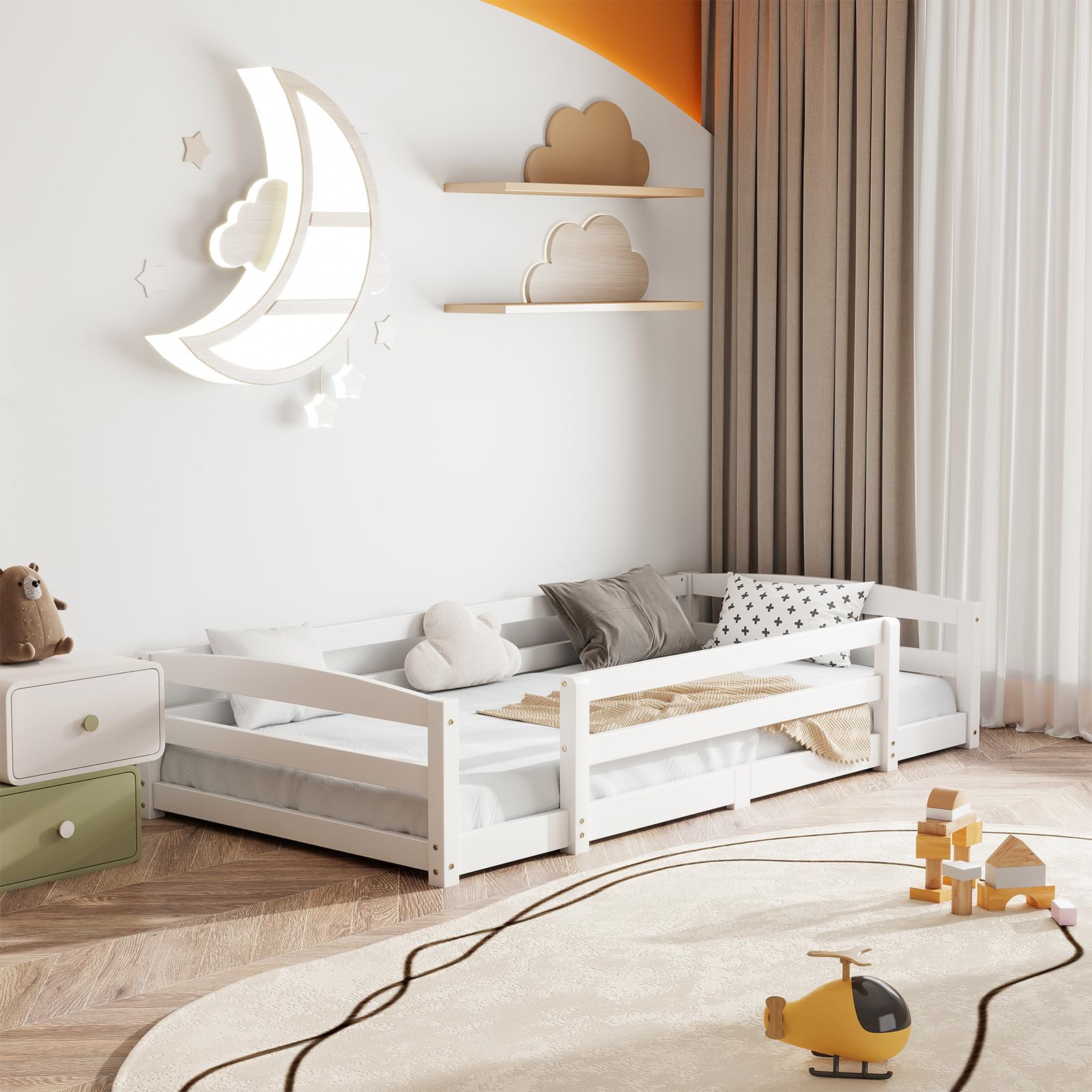 Bodenbett 90x200cm Montessori Kinderbett mit Rausfallschutz & Lattenrost Kiefer Massivholz bis 100 kg belastbar für Jungen Mädchen Kinder Bett