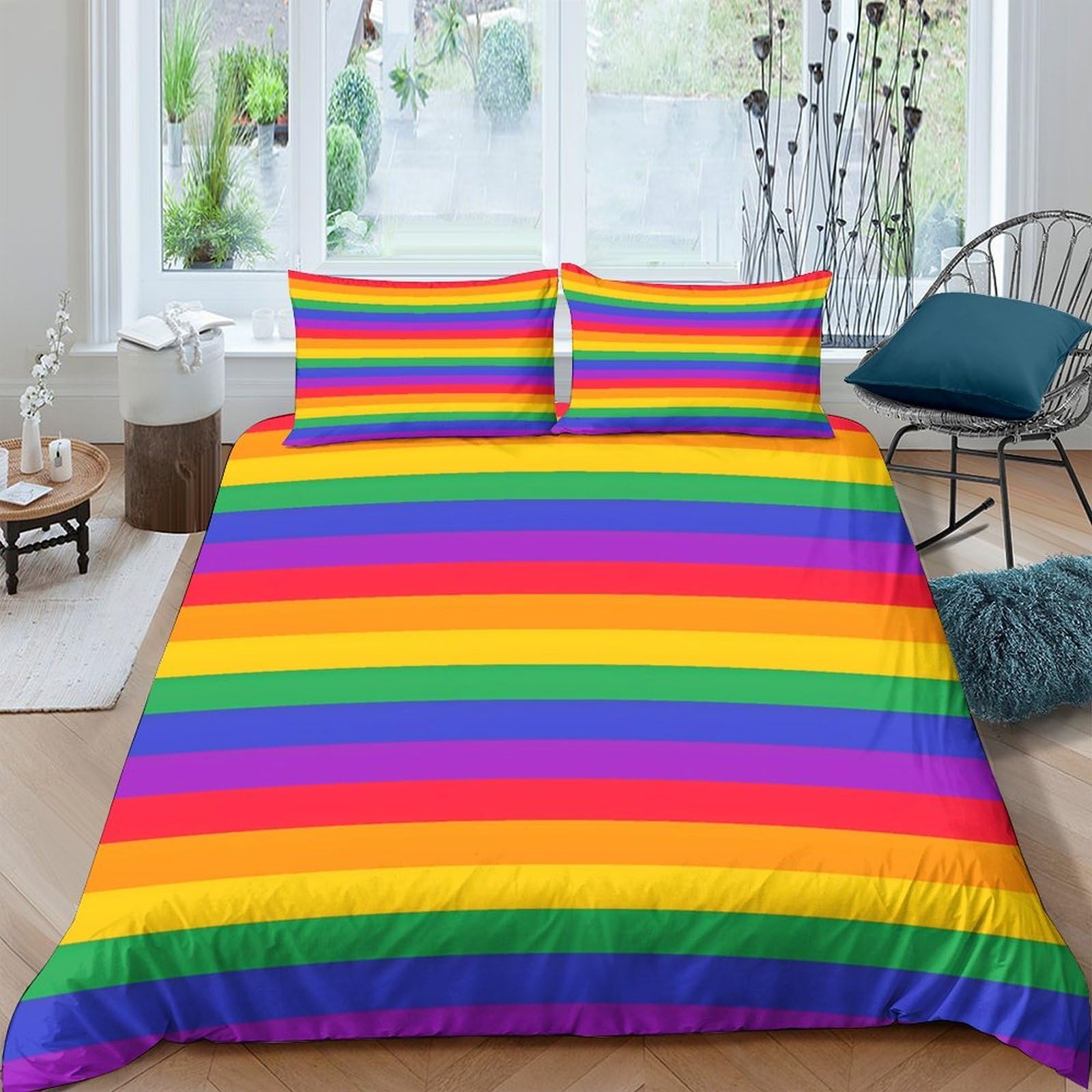 GPLZQXKJNH 3D Printed Rainbow Stripe Duvet Cover Microfiber Soft Vibrant Colorful Bedding Set with 2 Pillowcases for Bedroom Decor Single（135x200cm）