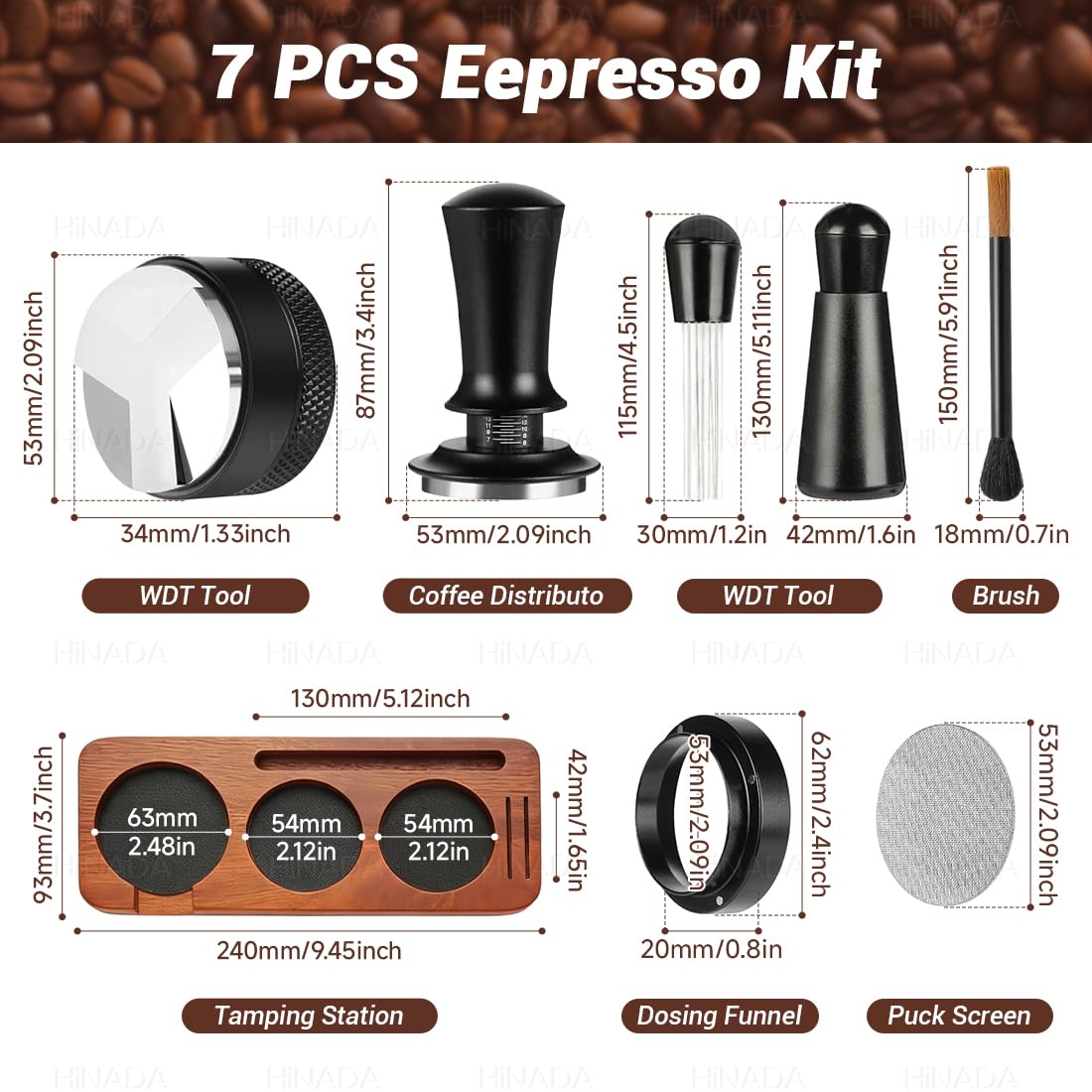 HiNADA Espresso Zubehör Set, Kaffee Tamper 53mm mit Tamperstation, Coffee Leveler, WDT Tool, Dosierring, Reinigungsbürste, Puck Screen (53 mm)