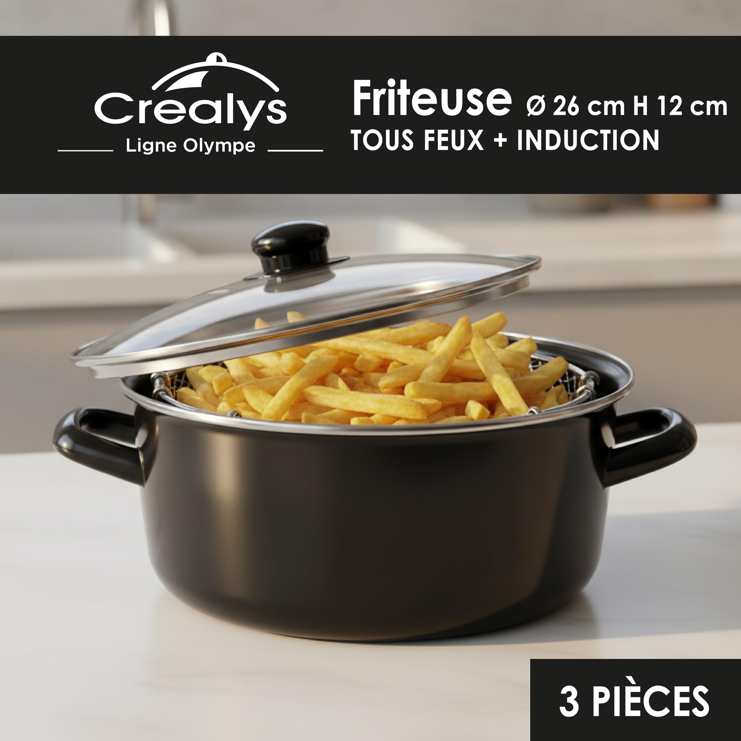 Crealys 545413 Friteuse Traditionnelle Ø26 cm en Acier Émaillé avec Panier & Couvercle Verre – Cuisson à l’Ancienne pour Frites Dorées & Croustillantes – Tous Feux Dont Induction