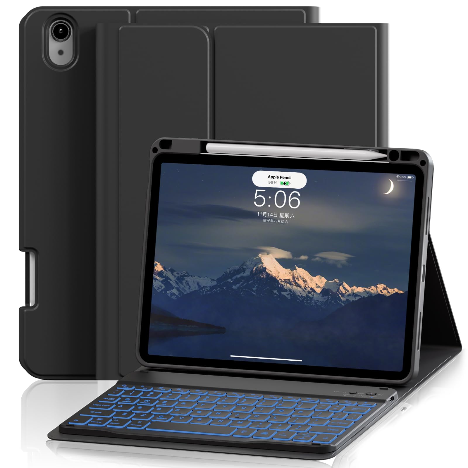 Case with Keyboard for iPad Air 11 inch M3/M2 2025/2024, iPad Air 5th/4th Generation 10.9 inch, 7 Colors Backlit Detachable Bluetooth Keyboard, Stand Folio Cover with Pencil Holder, Black
