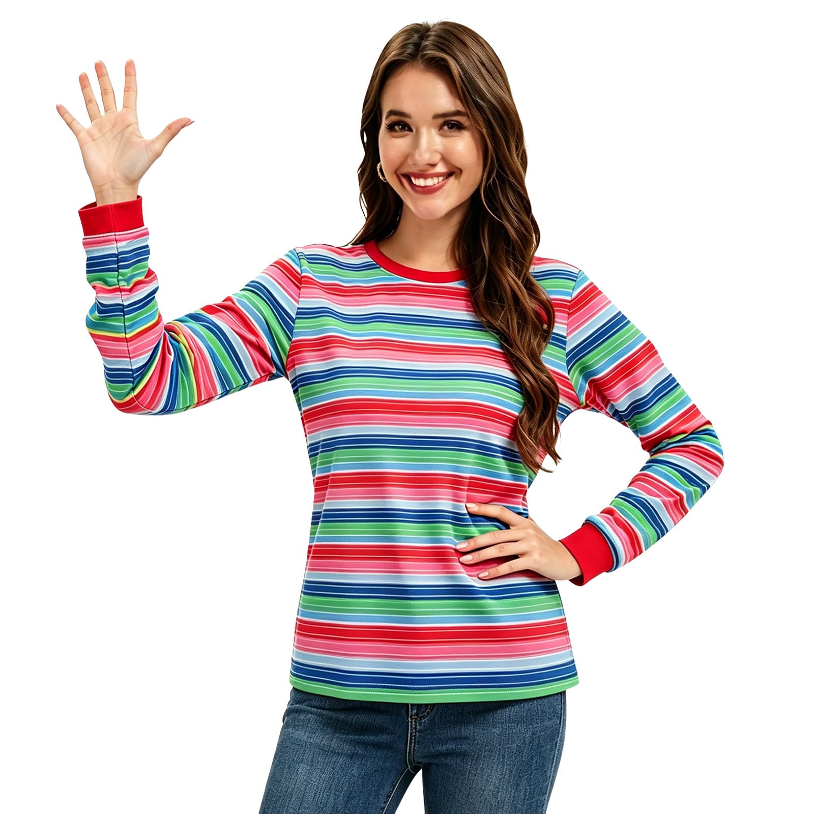 AKFJDLAD Horror Long Sleeve Rainbow Striped Top Casual Shirt Women for Halloween Cosplay (S)