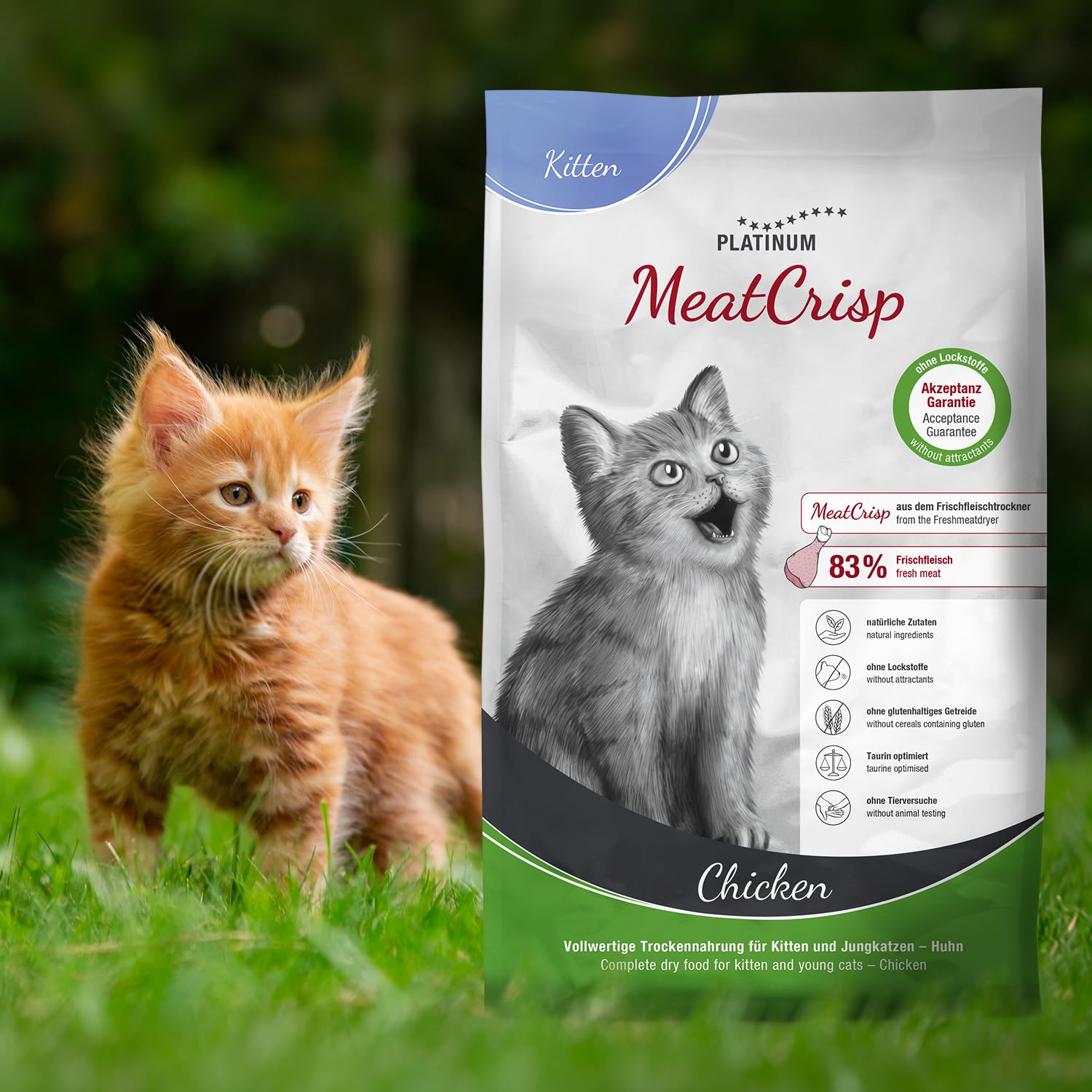 PLATINUM - Katzenfutter MeatCrisp Kitten Chicken aus dem Frischfleischtrockner - 1,5kg Katzenfutter trocken mit 83% Frischfleisch - Trockenfutter für Kitten und Jungkatzen mit Crispy Biss