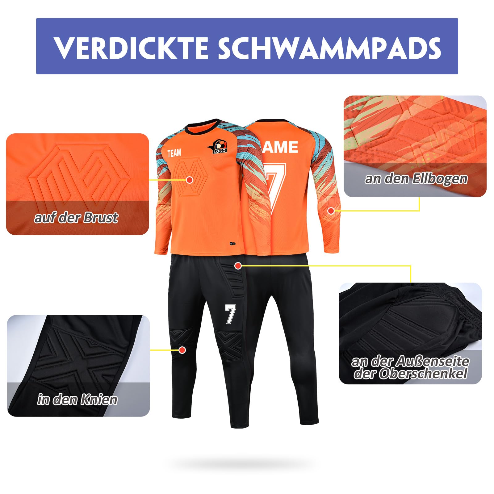 LAIFU Individuell Gepolsterte Torwarttrikots für Kinder, Jugendliche und Erwachsene mit Namen, Nummer, Team Logo, Personalisiertes Fußball-Torwarttrikot