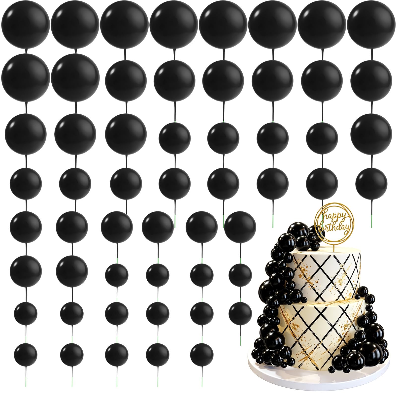 CHRORINE 55 Pcs Balls Cake Topper Decorations Mini Balloon Cupcake Toppers Foam Balls for Cake Decorating Birthday Parties Weddings Anniversary Baby Shower (Black)