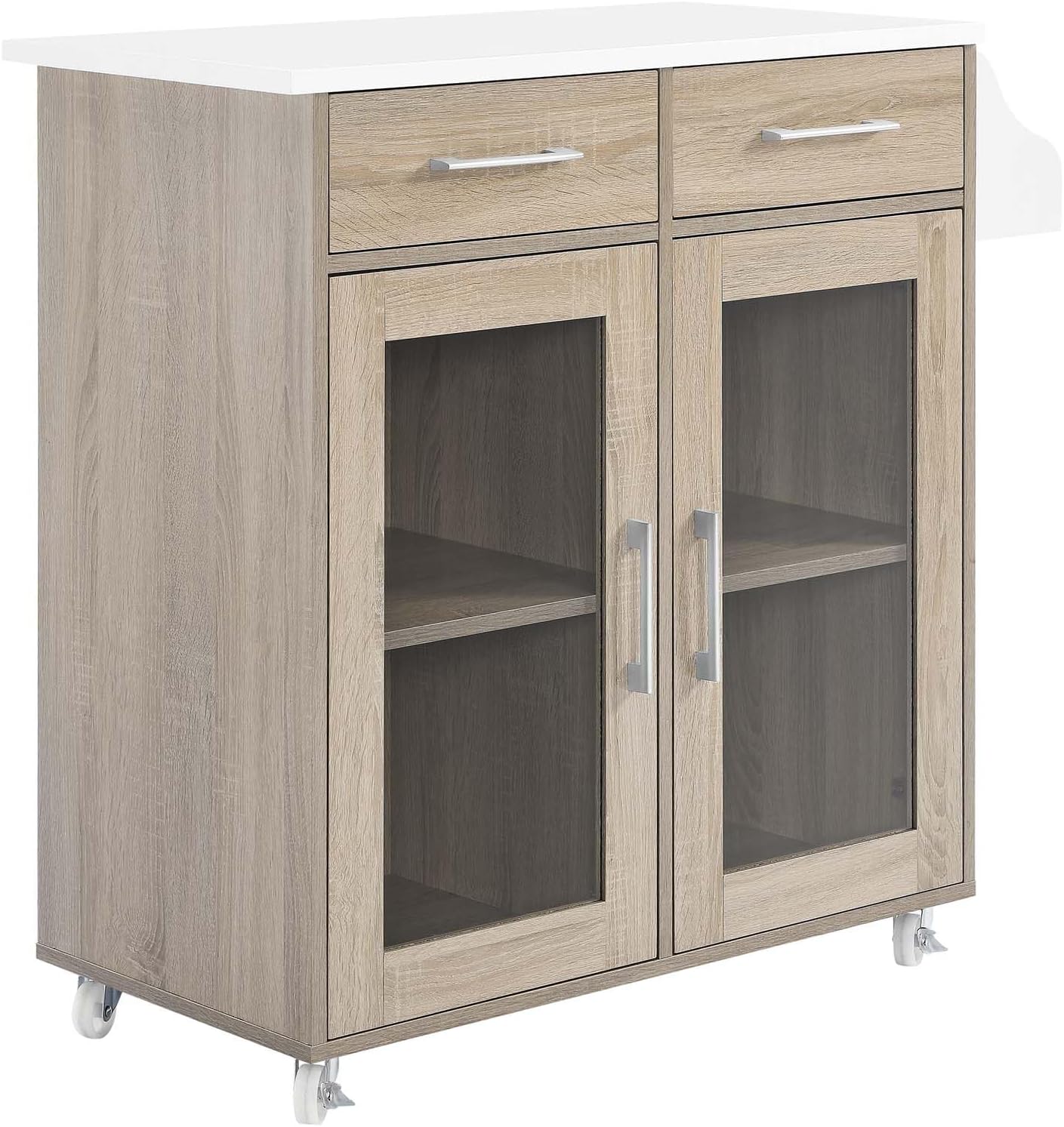Modway Cuisine Rolling Kitchen Cart with Storage in Oak White - Portable Island for Kitchen with Spice Rack, Perfect as a Coffee Bar Cabinet, Butcher Block Island or Kitchen Island on Wheels