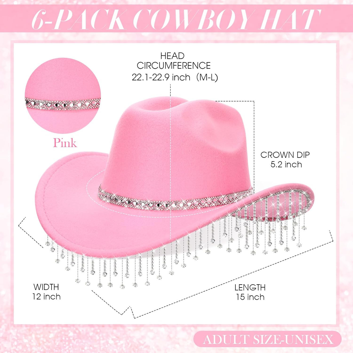 Hercicy 6 Pack Western Cowboy Hats with Rhinestone Tassel Bands Sequin Trim Sparkly Cowgirl Party Hats for Adults Women Men