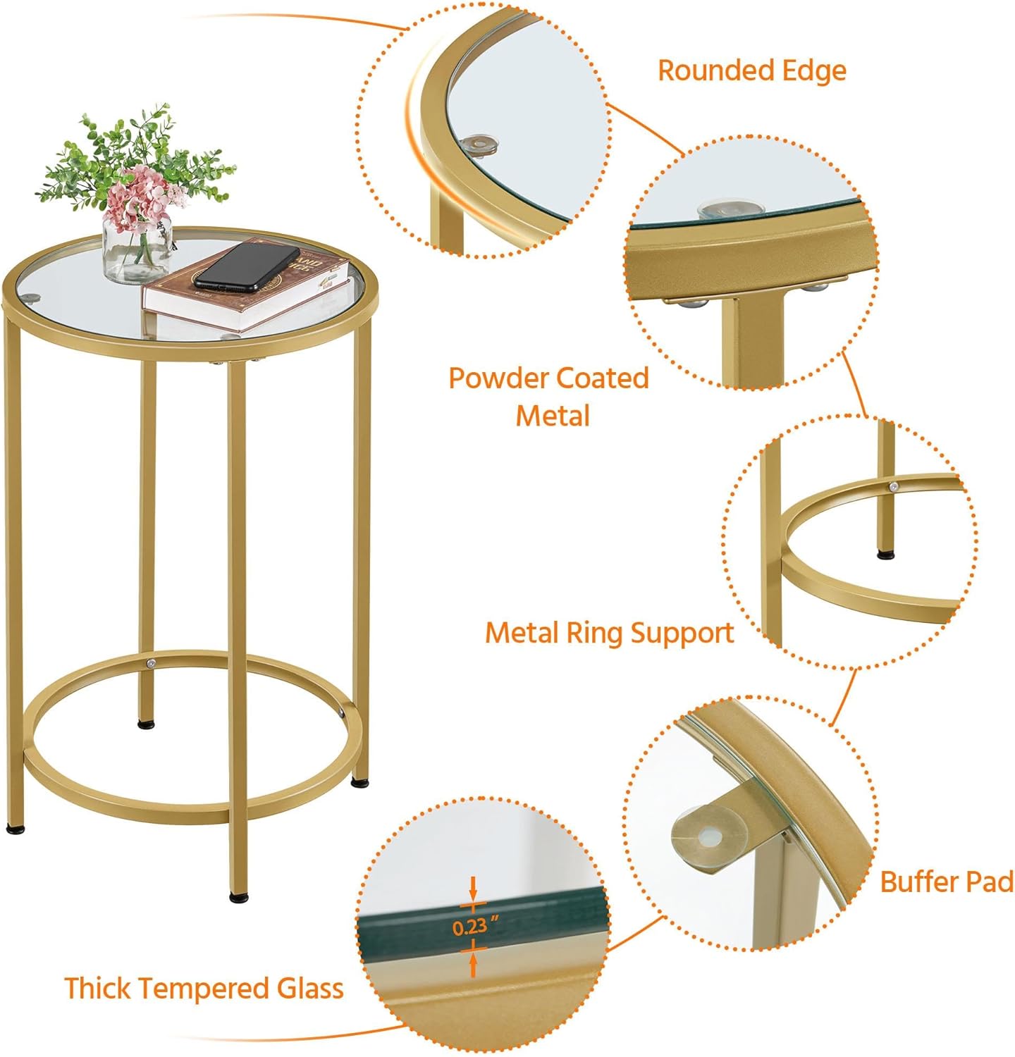 Yaheetech Gold Side Table Set of 2, Round End Tables Tall Nightstand Bedside Table Set w/Glass Top & Metal Frame for Living Room/Balcony/Bedroom/Small Space, Easy Assembly, Modern Style, Mustard Gold