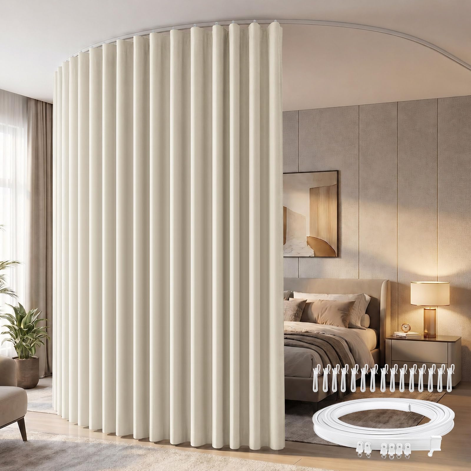 254 cm Extra Large Rideau Séparateur de Pièce avec Rail Plafond Occultant | Rideaux Thermique, Kit Complet Rail Pliable Et Rideau, Tissu Occultant Triple Tissage, pour Studio et Bureau (H 274cm, Beige)