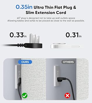 VILONG 45W Recessed Power Strip, Flush Mount, 6AC Outlet, 8USB Ports, 1200J | 6FT 45 Flat Plug Cord, Furniture Hidden Charger Station, Recessed Outlet, Desk Drawer, Home Office, Black, ETL Listed