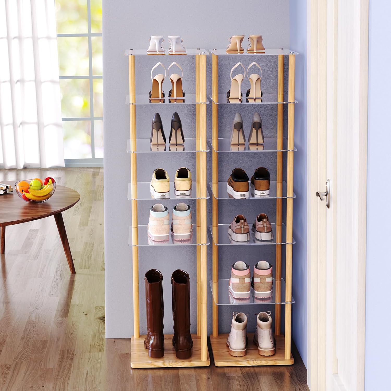 NiHome 7-Tier Vertical Acrylic Shoe Rack, Easy No-Tool Assembly Space-Saving Shoe Organizer for Entryways, Closets, Dorm Rooms, 11"x10.5"x41" Versatile Storage for Shoes, Boots, Books and More