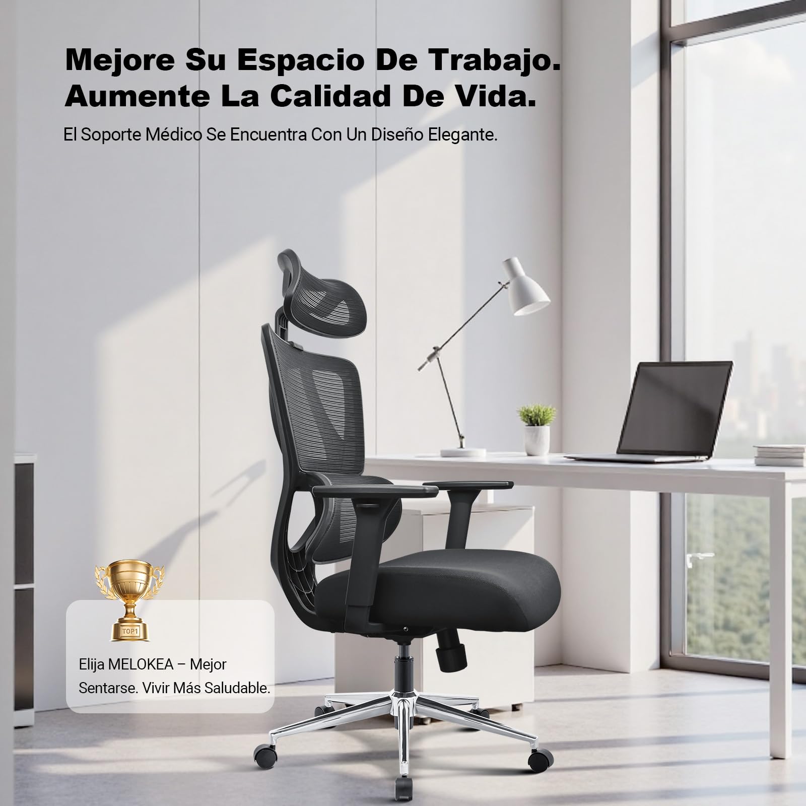 MELOKEA Silla de Oficina ergonómica 150kg con Soporte Lumbar Ajustable | Silla de escritorio para teletrabajo con asiento de muelles, reposabrazos 3D y EN1335