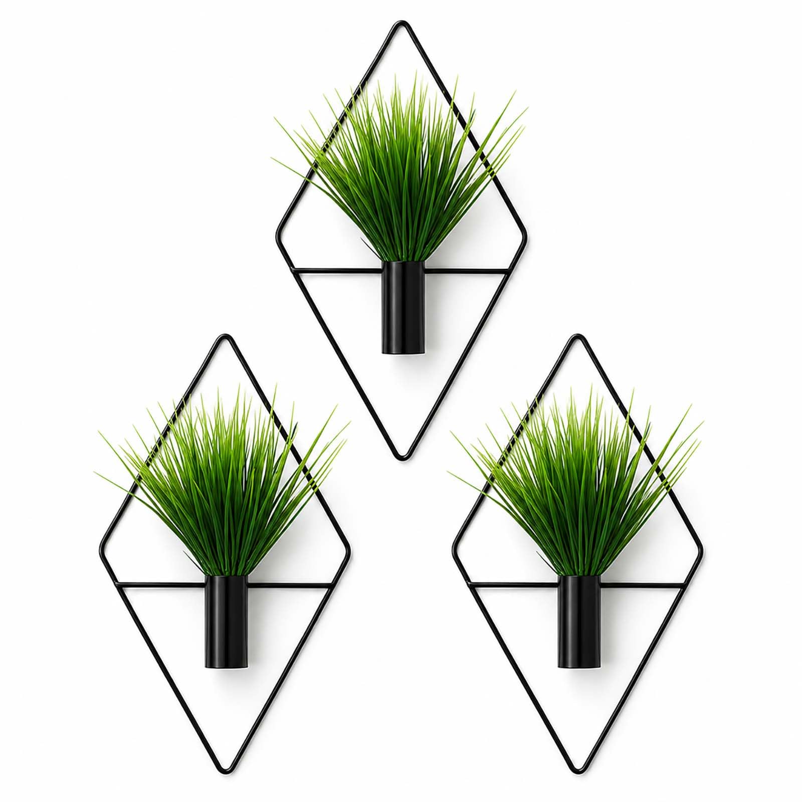 LMSAWK 3 Pieces Diamond Shape Hanging Planters with Artificial Plants, Geometric Metal Wall Vase, Wall Decor for Living Room, Bedroom, Office and Bathroom