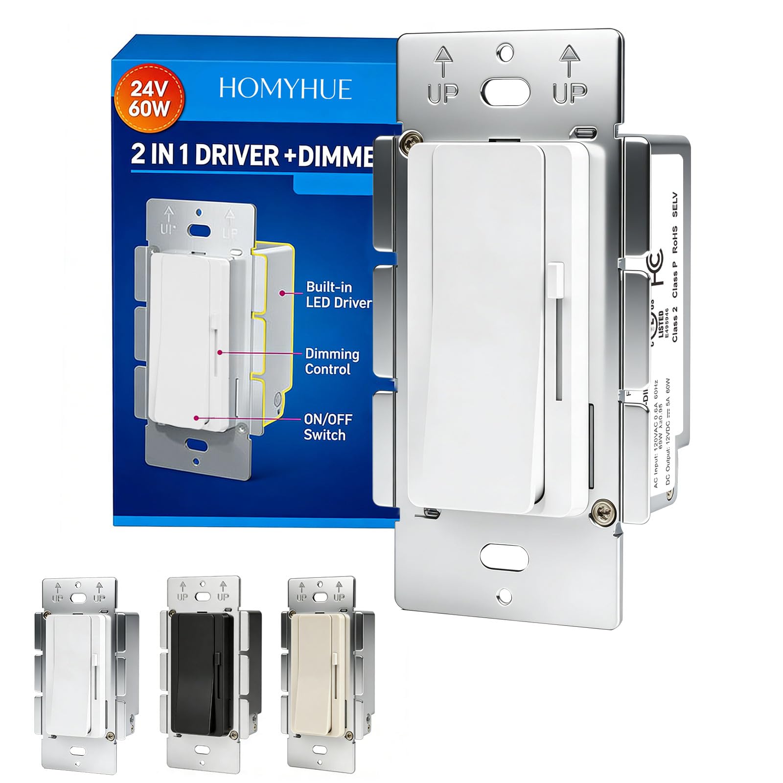 Photo 1 of Dimmer Light Switch & 24V 60W Dimmable LED Driver 2 in 1, UL Listed Single-Pole or 3-Way Slide Dimmer Switches for Led Strip Lights,120VAC to 24VDC Power Supply (White, 24V 60W)