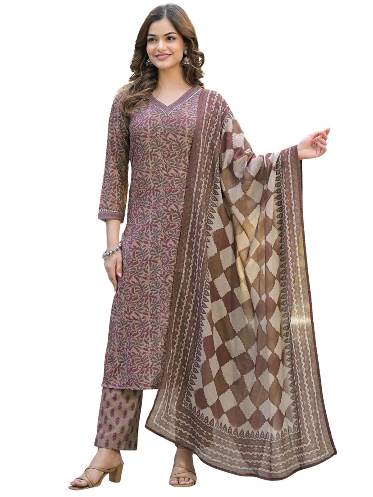vaamsi Women's Brown Rayon Blend Floral Straight Printed Kurta Pant With Dupatta Set | Office Wear Straight Kurta Set | Printed Salwar Suit For Women-picture-29