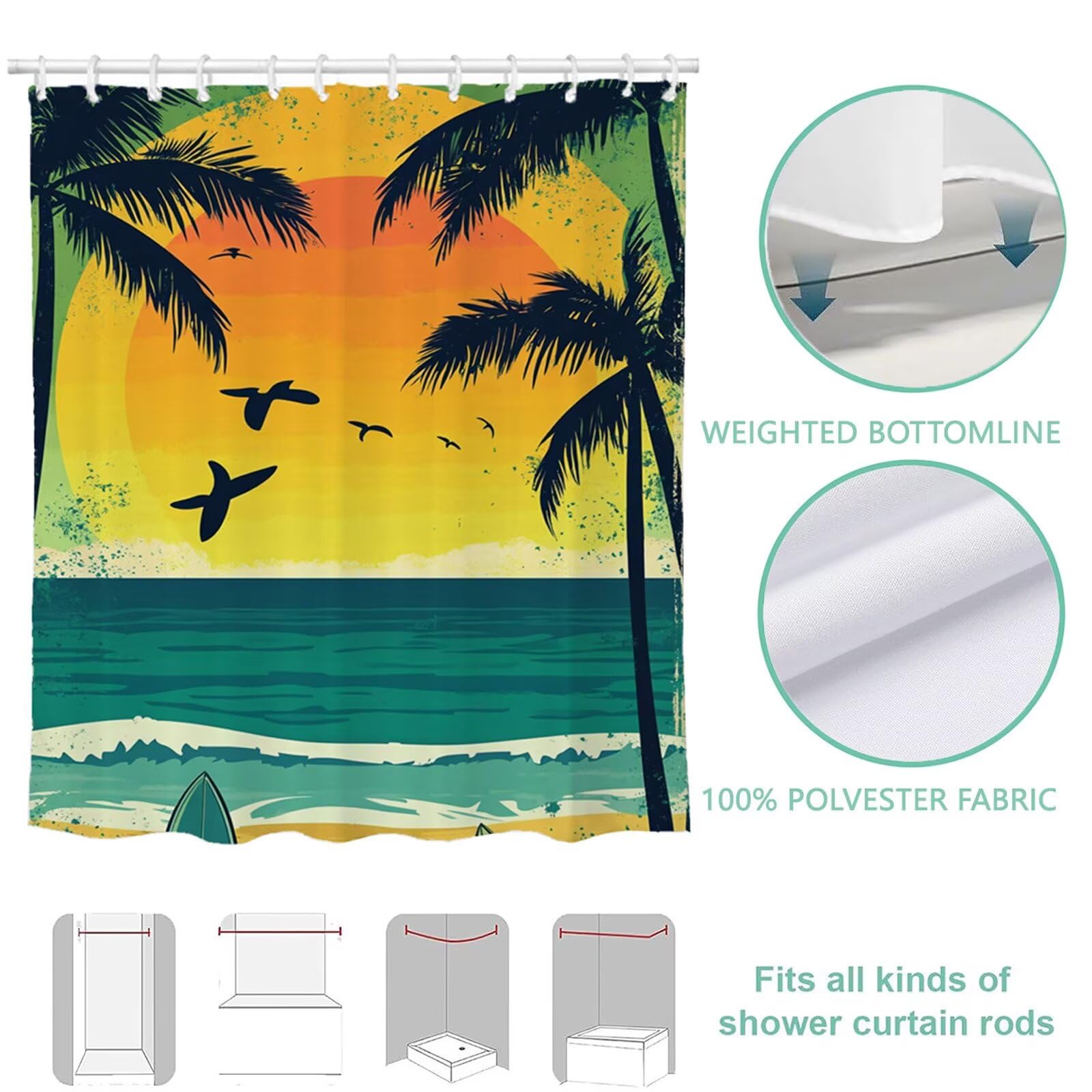 Duschvorhang 240x200 cm Gelb Shower Curtains Tropisch mit Gewicht und 12 Plastik Haken, Anti Schimmel Wasserdicht, Waschbar Schnelltrocknender Polyester Stoff, Dekorative Vorhang für Badewanne 6H-281