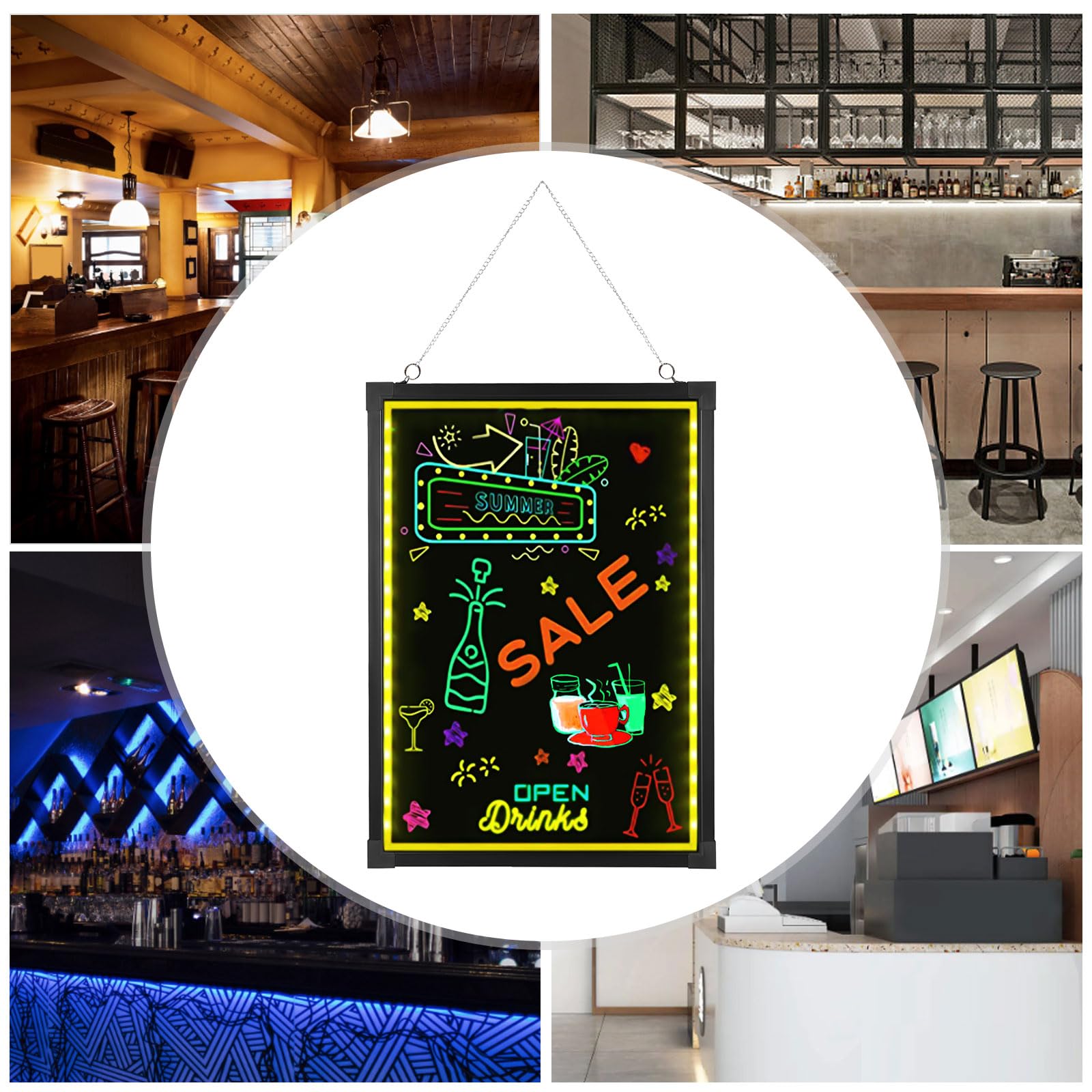 Schwarz LED Schreibtafel Buntes LCD Schreibtablett Leuchttafel DIY Leuchtende Werbetafel mit 7 Farbvariationen 18 Lichteffekten LCD Writing Tablet für Dekoration Werbetafeln 50 * 70CM