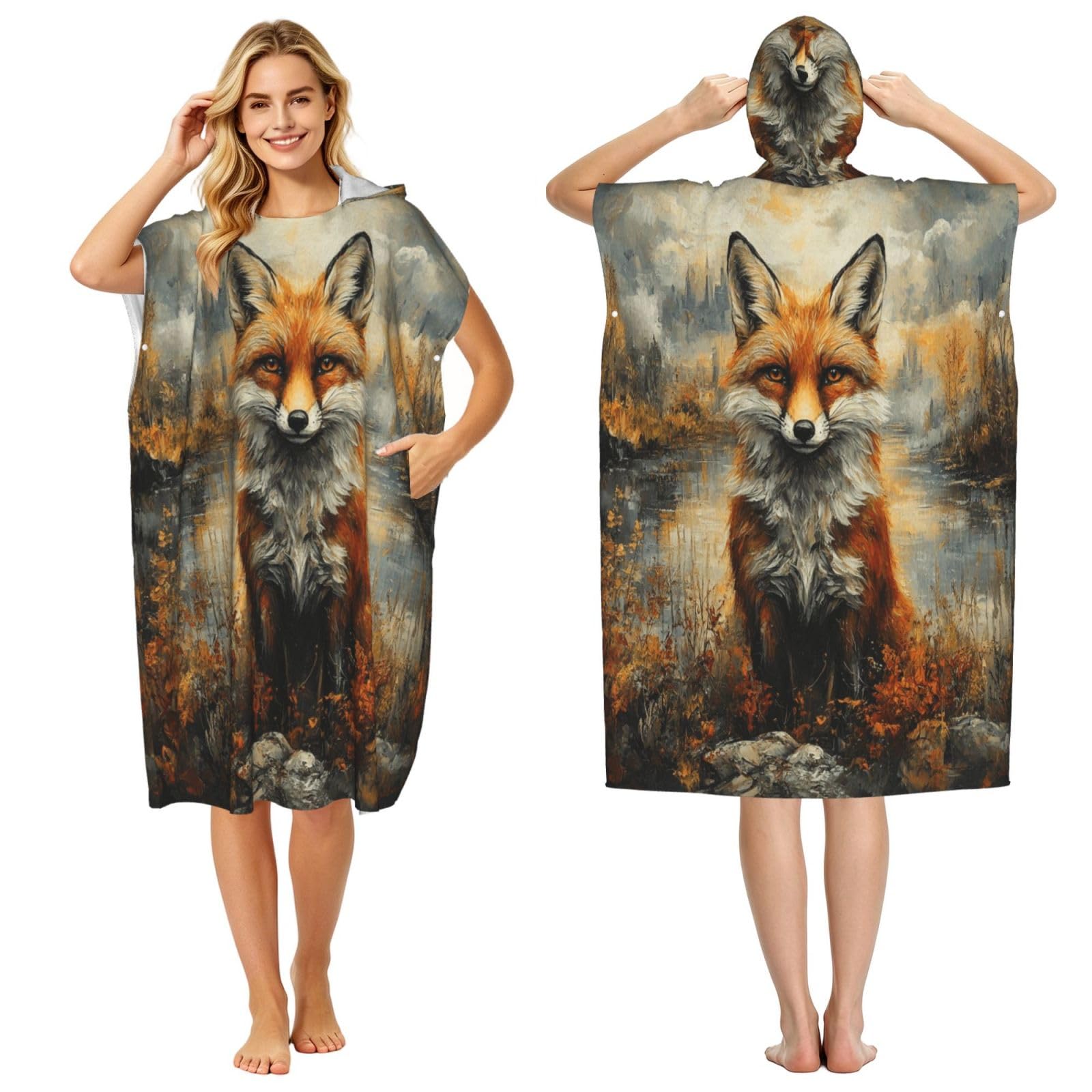 KLGRTJHK Fox Adult Hooded Beach Poncho Towel 43"X35"