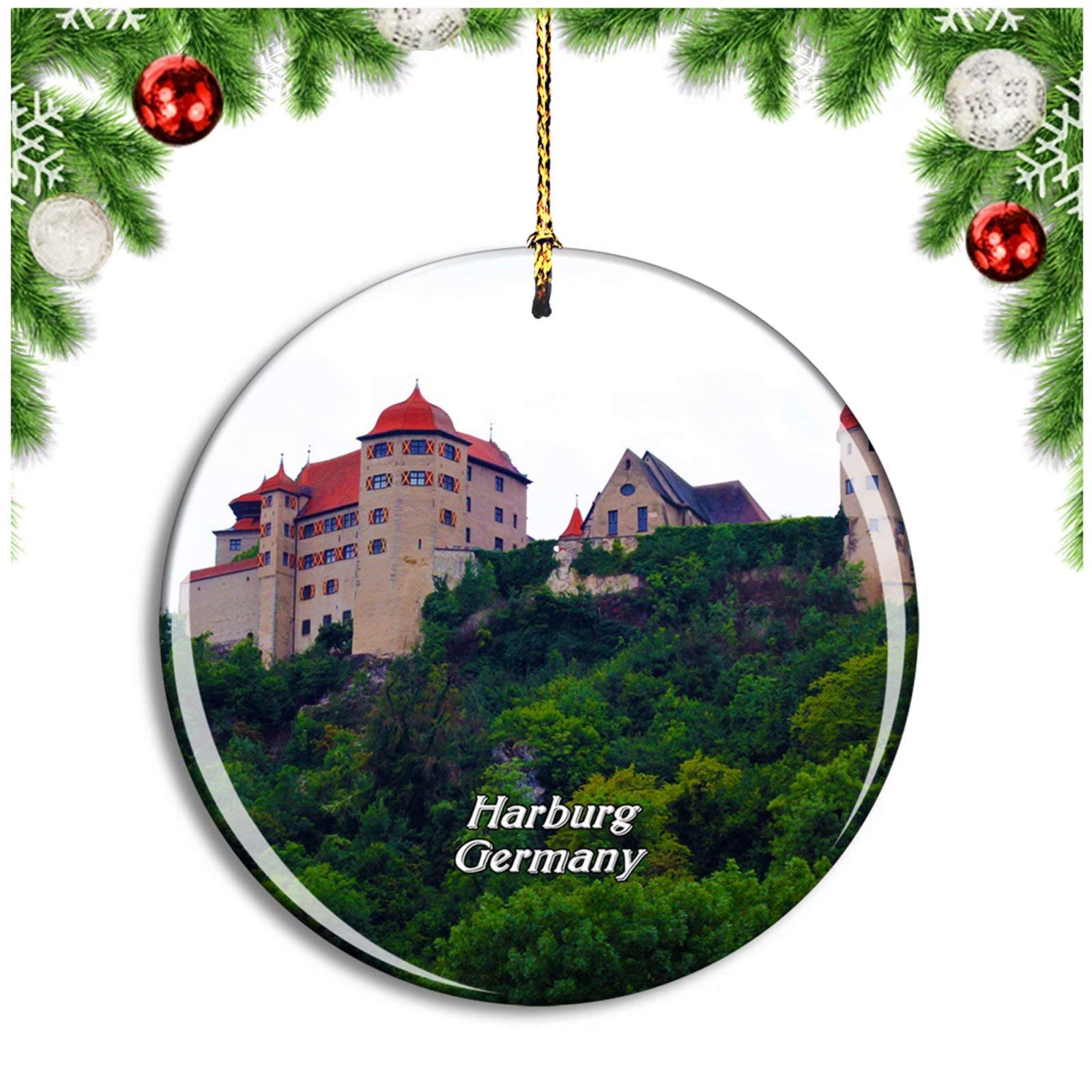 Weekino Golden Harburg Castle Germany Christmas Ornament Xmas Tree Decoration Hanging Pendant Travel Souvenir Collection Double Sided Porcelain 2.85 Inch