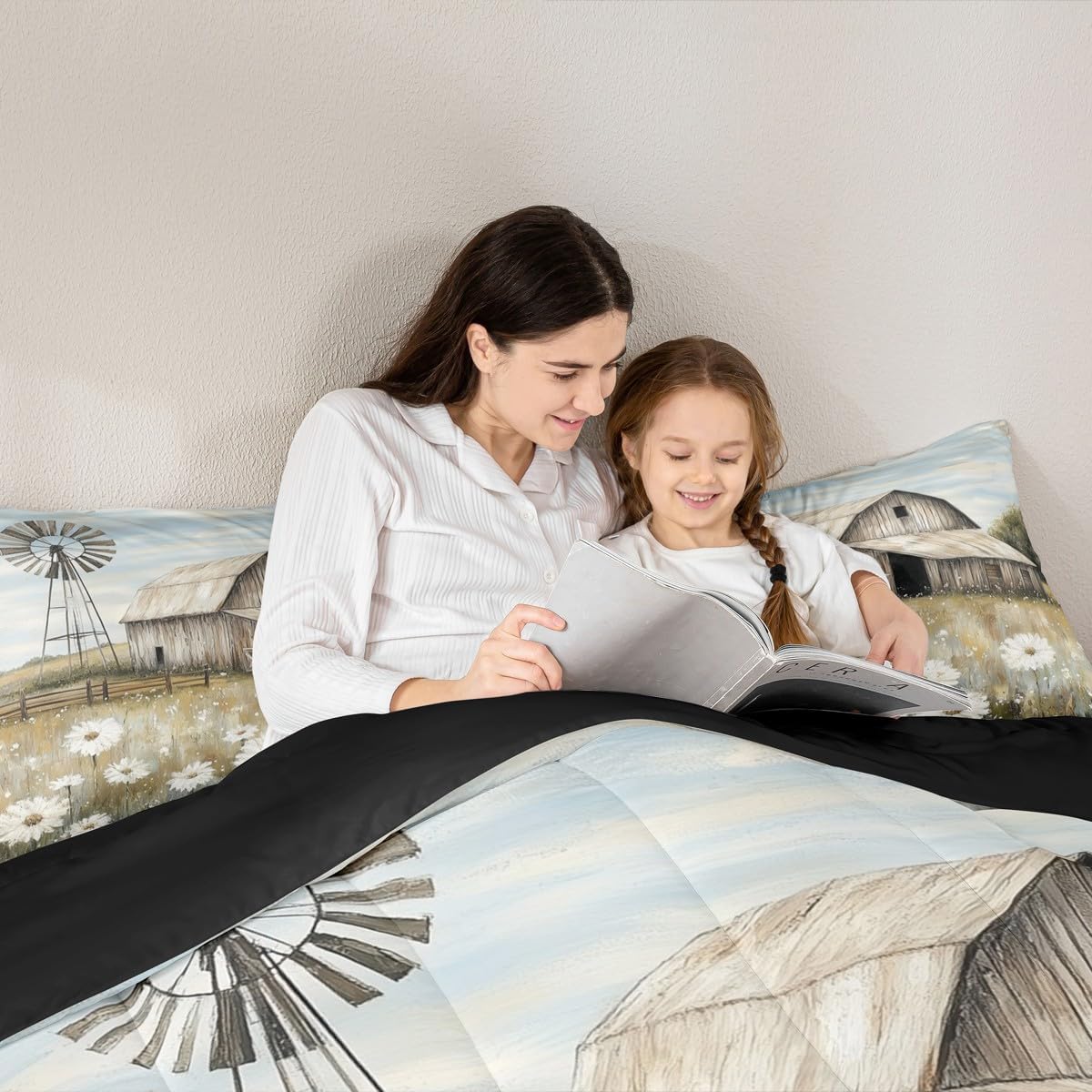 Erosebridal Farmhouse Bedding Set Queen Size Rustic Barn Farm Scene Comforter Rural Country Wild Flowers Quilt Countryside Down Comforter,All Season & Soft Cozy