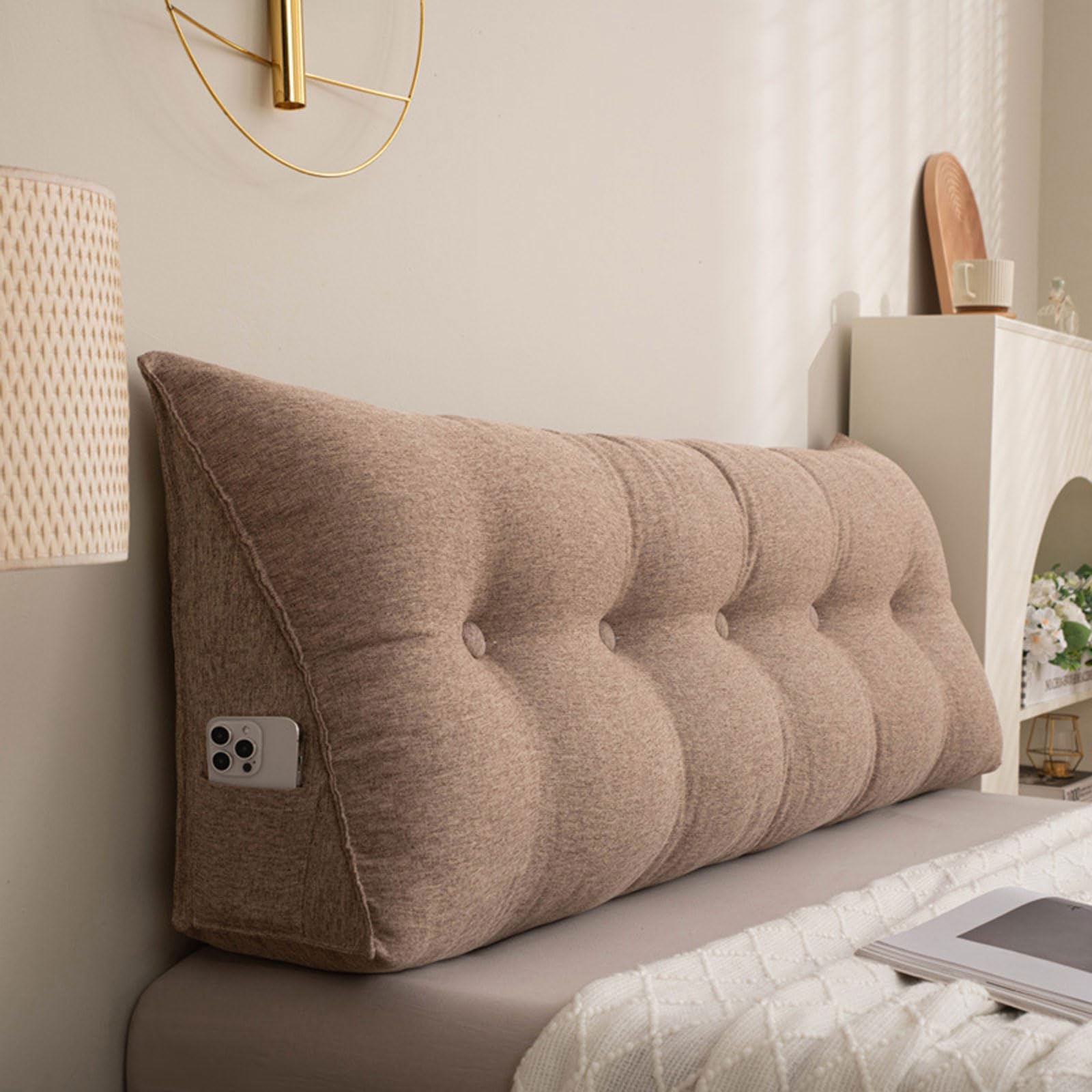 Cuscini Testata letto Matrimoniale Singolo, Grande Cuscino Triangolare Per Schienale, Imbottitura Testiera per Letto Supporto Lombare Cuscini Da Lettura Con Fodera Rimovibile(Size:60x50x20cm,Color:Bro
