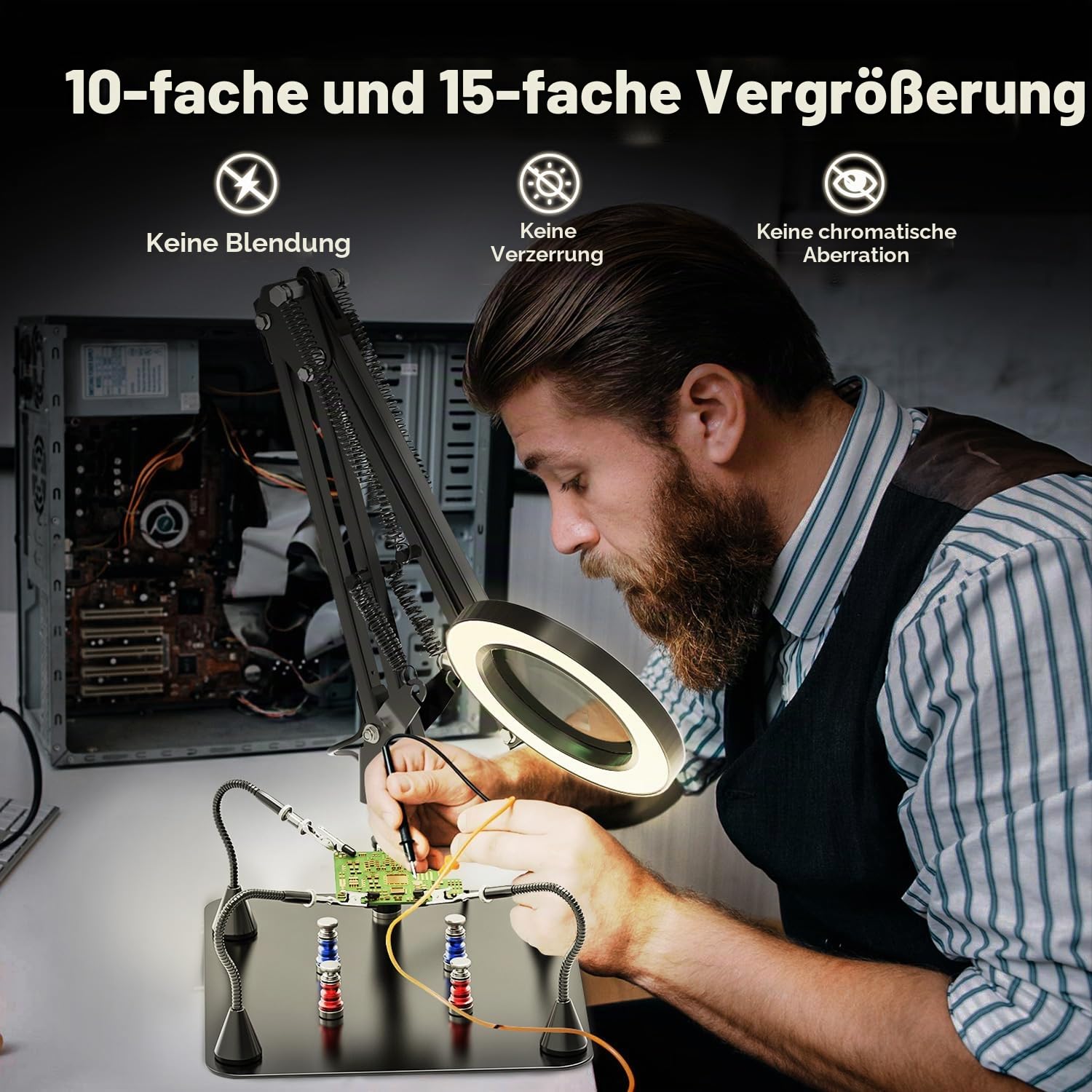 15X & 10X Lupe mit Licht und Ständer, Magnetische Dritte Hand Löten Lupe | Löthilfe Helfende Hand mit Lupe & Licht, LED Lupenleuchte für Basteln, Löten, Reparatur, 3 Farbmodi Dimmbare