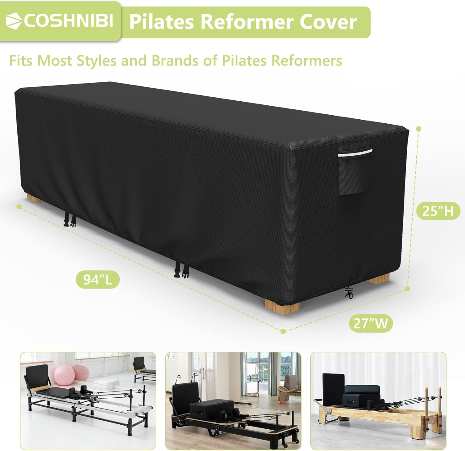 COSHNIBI Pilates Reformer Cover,Heavy-Duty Waterproof Pilates Reformer Protective Cover,for Indoor and Outdoor Gyms and Yoga Studios,94"L×27"W×25"H,Black