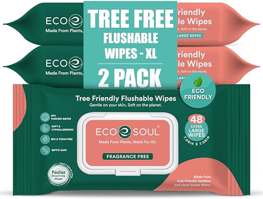 ECO SOUL [Pack of 2, 96 Count] Flushable Extra-Large, toilet wipes, Adult Wet Wipes,-Unscented | Eco-Friendly Compostable,...