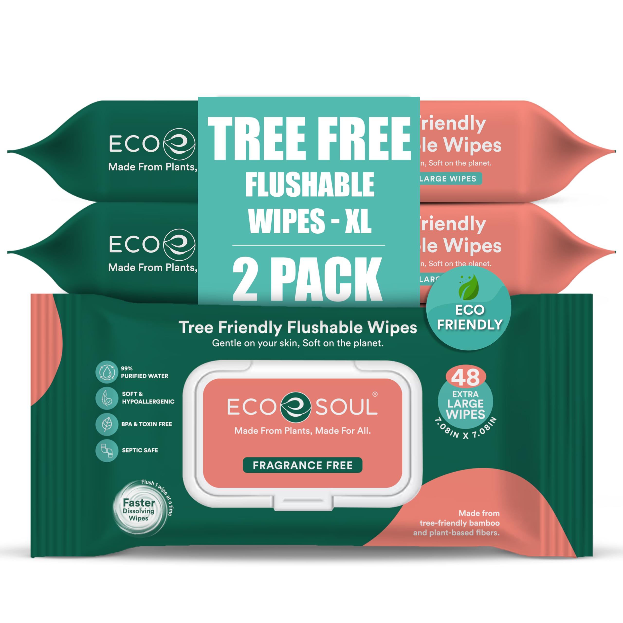 ECO SOUL [Pack of 2, 96 Count] Flushable Extra-Large, toilet wipes, Adult Wet Wipes,-Unscented | Eco-Friendly Compostable, Bath, Intimate | 99% Purified Water Wipes, Hypoallergenic, BPA