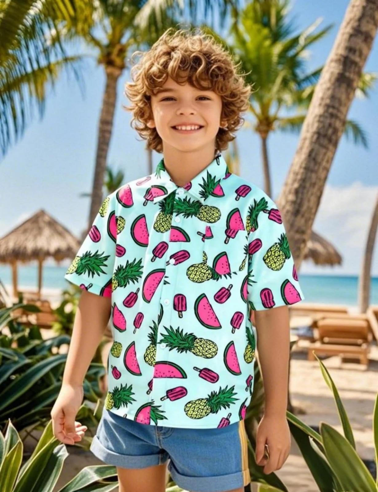 Camisa Hawaiana Niños Verano Camisa Manga Corta, Xsmall-Large, 5-12 Años